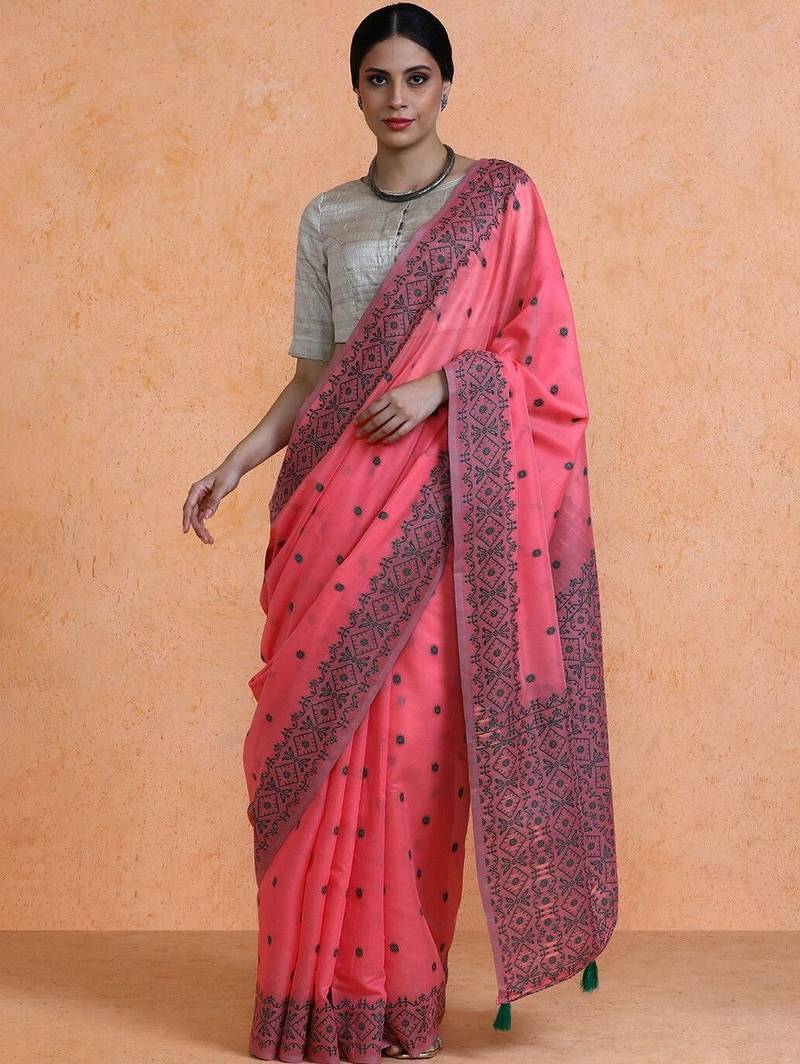 Pink woven design saree with blouse