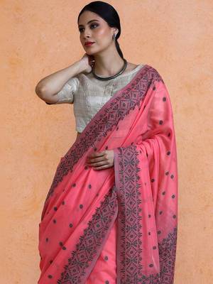 Pink woven design saree with blouse 2