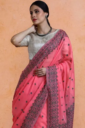 Pink woven design saree with blouse