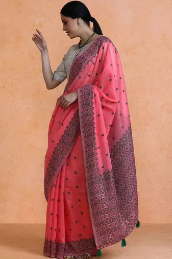 Pink woven design saree with blouse