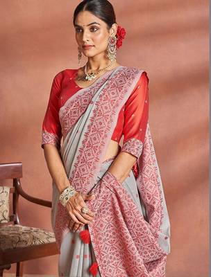Grey woven design saree with blouse 2