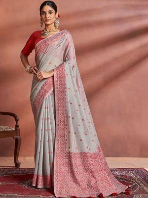 Grey woven design saree with blouse 5