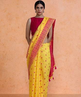 Yellow woven design chanderi sarees with blouse piece 1