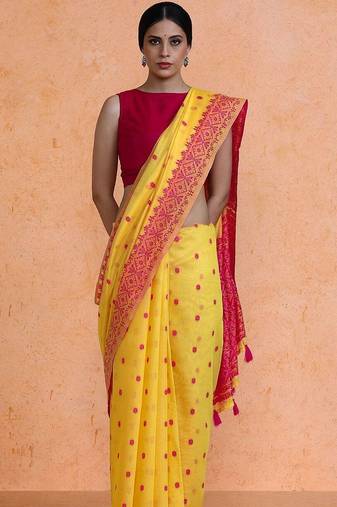Yellow woven design chanderi sarees with blouse piece