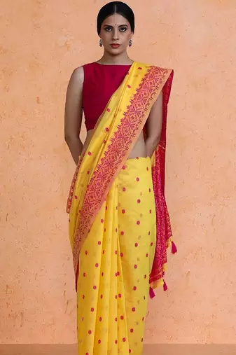 Yellow woven design chanderi sarees with blouse piece