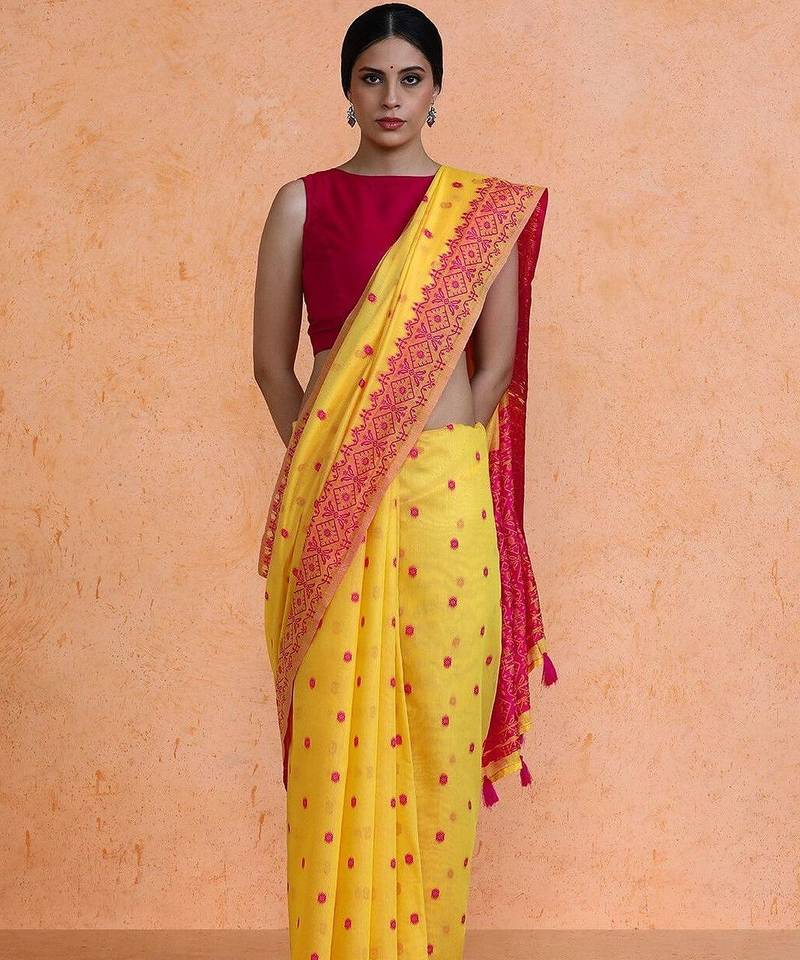 Yellow woven design chanderi sarees with blouse piece
