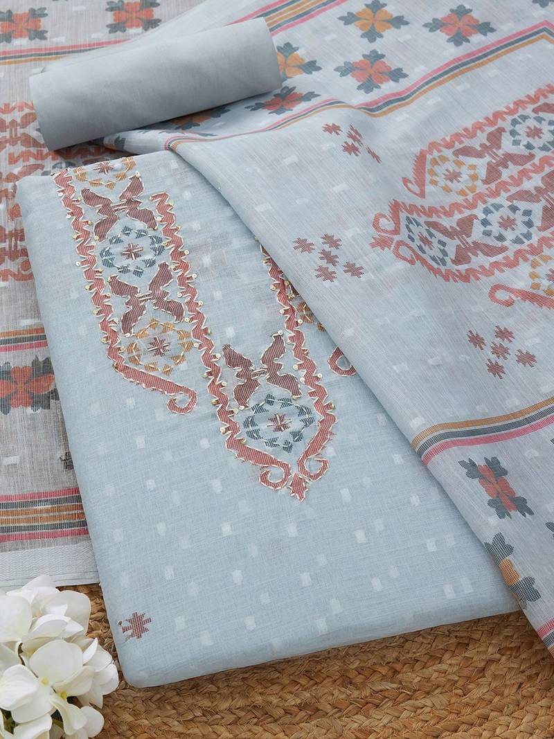 ethnic motifs woven design linen unstitched dress material