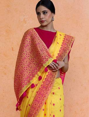 Yellow woven design chanderi sarees with blouse piece 2