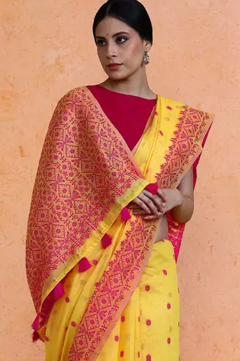 Yellow woven design chanderi sarees with blouse piece