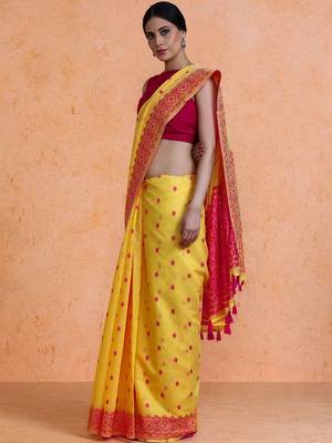 Yellow woven design chanderi sarees with blouse piece 3