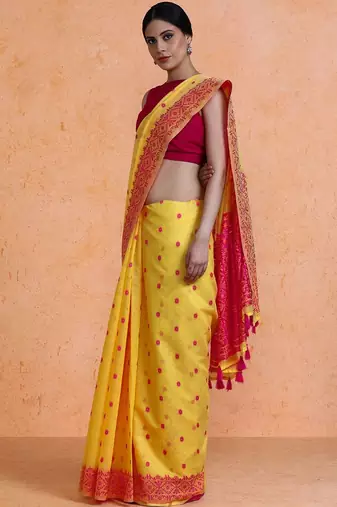Yellow woven design chanderi sarees with blouse piece