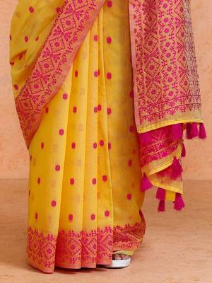 Yellow woven design chanderi sarees with blouse piece 5