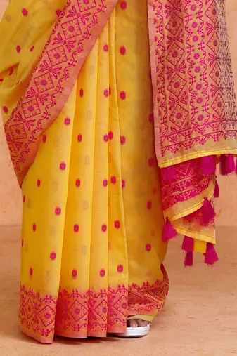 Yellow woven design chanderi sarees with blouse piece