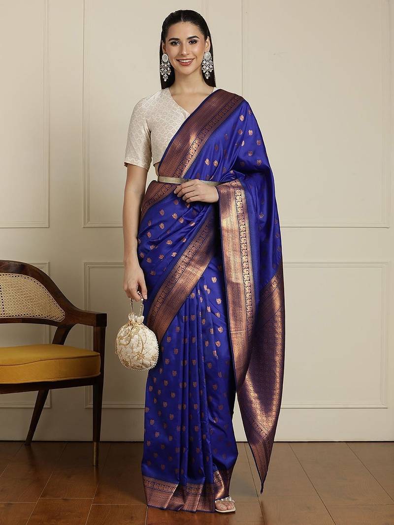 Blue ethnic motifs woven design kanjeevaram saree