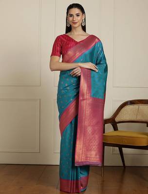 Blue ethnic motifs woven design zari kanjeevaram saree 1