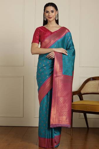 Blue ethnic motifs woven design zari kanjeevaram saree