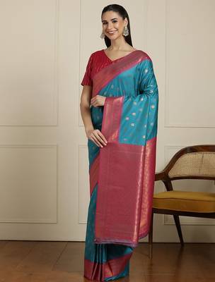 Blue ethnic motifs woven design zari kanjeevaram saree 2
