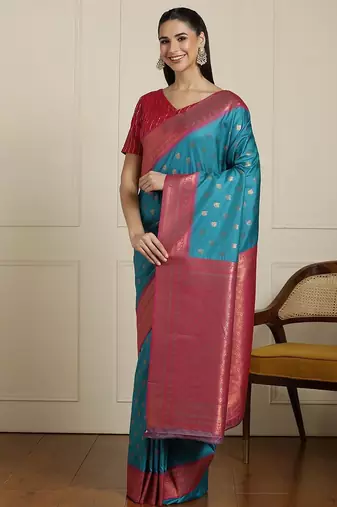 Blue ethnic motifs woven design zari kanjeevaram saree
