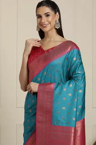 Blue ethnic motifs woven design zari kanjeevaram saree
