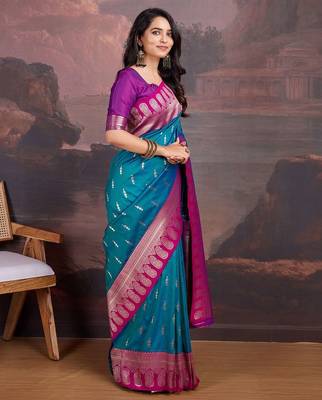 Turquoise woven design sarees 2