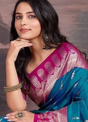Turquoise woven design sarees 4