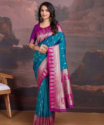 Turquoise woven design sarees 5