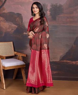 Brown woven design zari ethnic motifs banarasi sarees 2