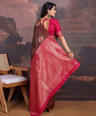 Brown woven design zari ethnic motifs banarasi sarees 3