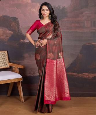 Brown woven design zari ethnic motifs banarasi sarees 4