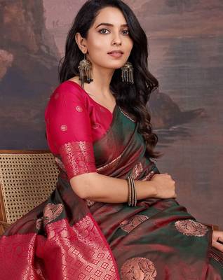 Brown woven design zari ethnic motifs banarasi sarees 5