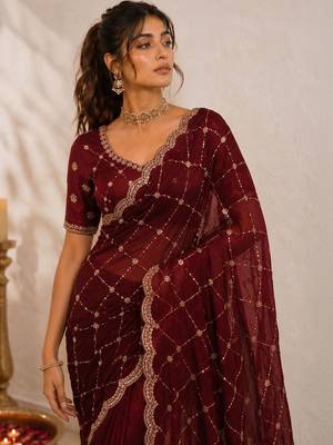 Maroon embroidered satin saree 1