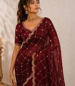 Maroon embroidered satin saree