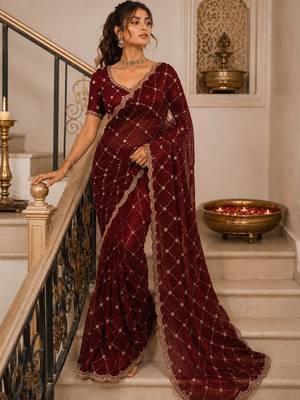 Maroon embroidered satin saree 2