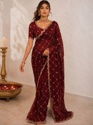 Maroon embroidered satin saree 3