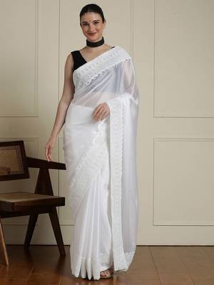 White embroidered saree with blouse piece 1