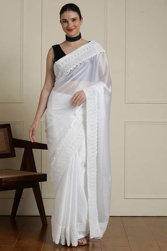 White embroidered saree with blouse piece