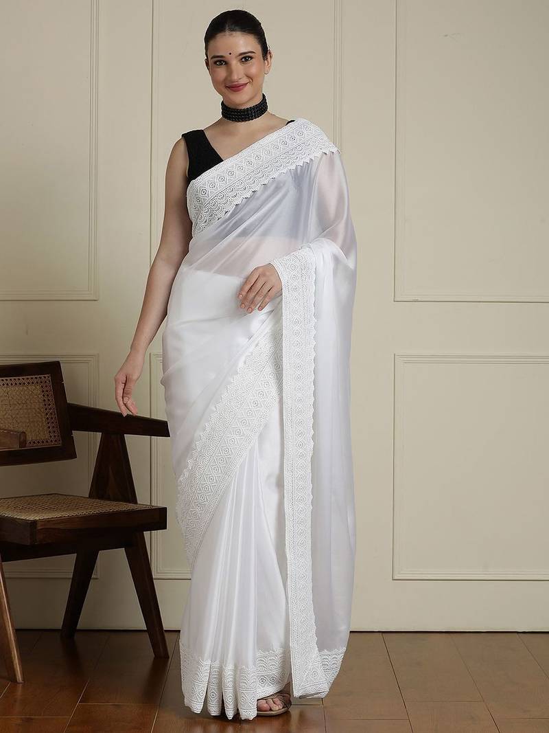 White embroidered saree with blouse piece