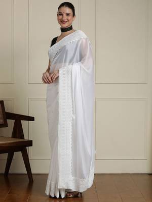 White embroidered saree with blouse piece 2