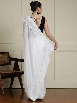 White embroidered saree with blouse piece 3