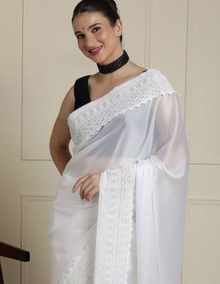 White embroidered saree with blouse piece 4