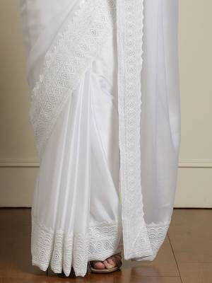 White embroidered saree with blouse piece 5