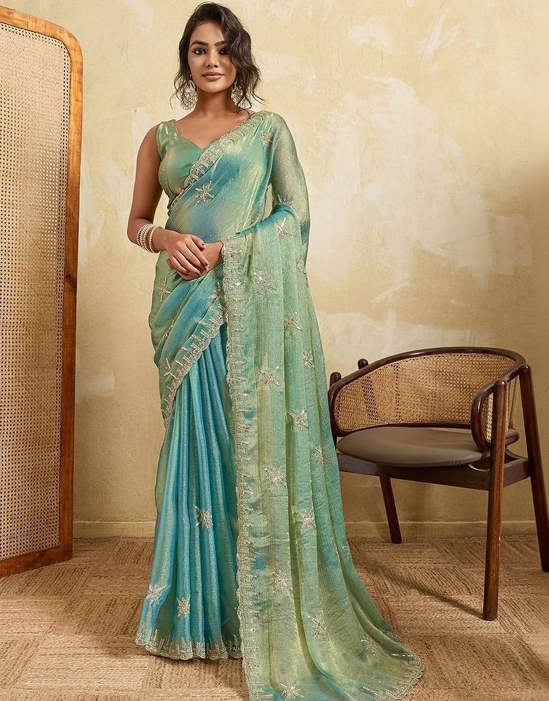 Sea green embroidered saree
