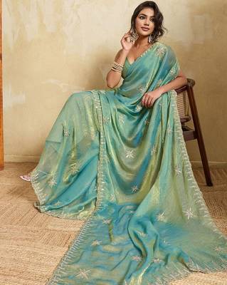 Sea green embroidered saree 3