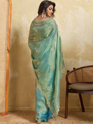 Sea green embroidered saree 4