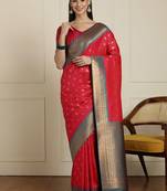 Red ethnic motifs woven design zari kanjeevaram saree