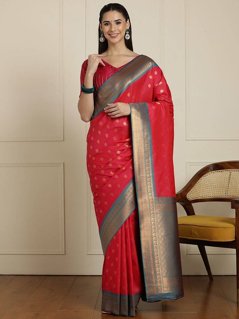 Red ethnic motifs woven design zari kanjeevaram saree