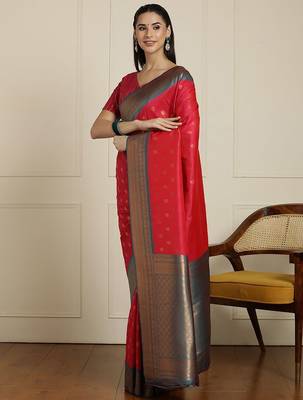 Red ethnic motifs woven design zari kanjeevaram saree 2