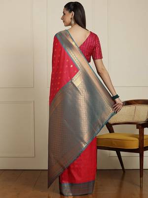 Red ethnic motifs woven design zari kanjeevaram saree 3