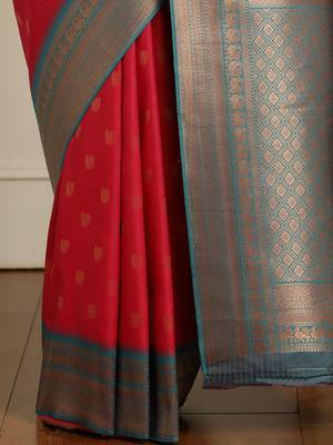 Red ethnic motifs woven design zari kanjeevaram saree 5