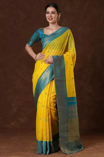 Yellow ethnic motifs woven design zari saree with unstitched blouse